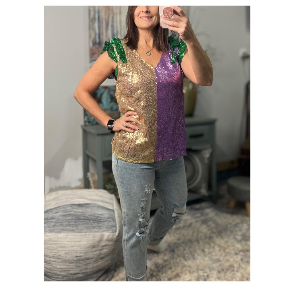 Mardi Gras Top Sequined Purple Green Gold Color Block V Neck Ruffle Parade 0624